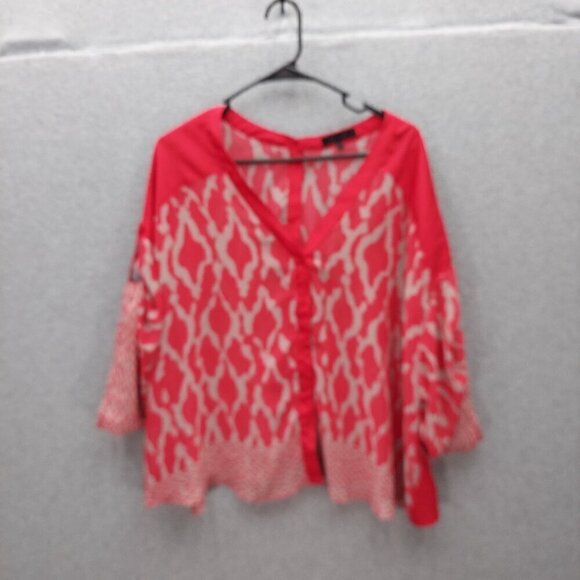 Nuciei Womens Red & White Sheer Patterned Blouse With Button-Front & 3/4 Sleeves - Picture 1 of 4